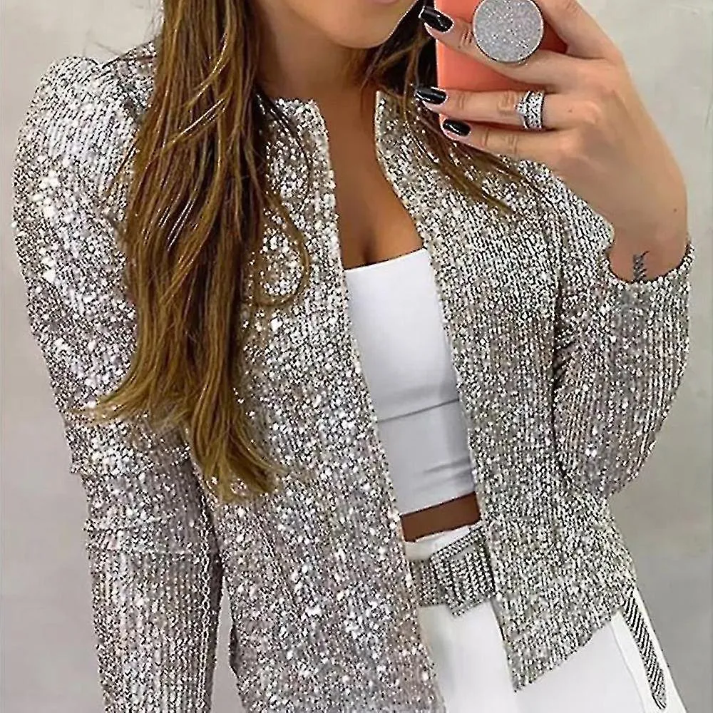 Cardigan de mujer manga larga brillante lentejuelas abrigo abierto frente casual chaqueta femenina